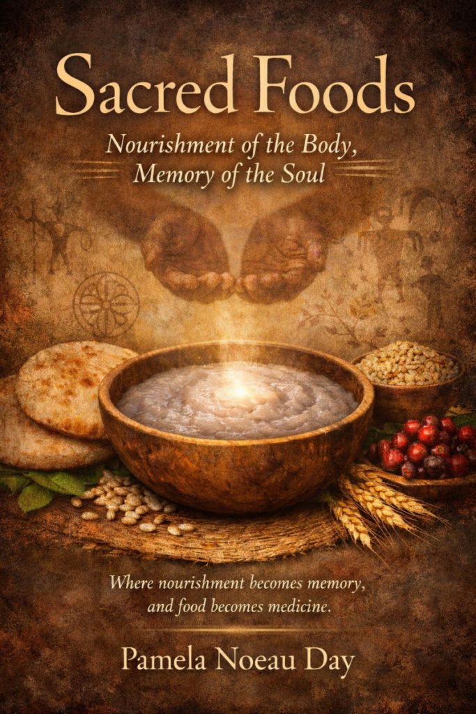 Book cover of "Sacred Foods: Nourishment of the Body, Memory of the Soul" by Pamela Noeau Day, featuring a rustic bowl of porridge, ancient grains, bread, berries, and wheat symbolizing traditional healing foods and natural nourishment